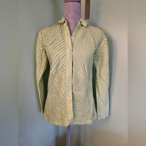 Indo-Chic 100% silk pleaded lime green long sleeve button up blouse